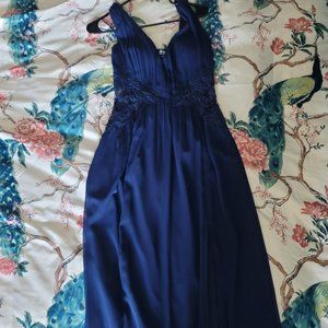 Little Mistress plunge pleat maxi dress with lace insert size 8 navy